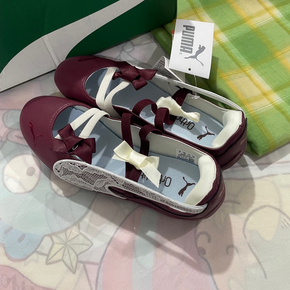 Puma Girls Burgundy and White Ballet Flats with Lace and Bows